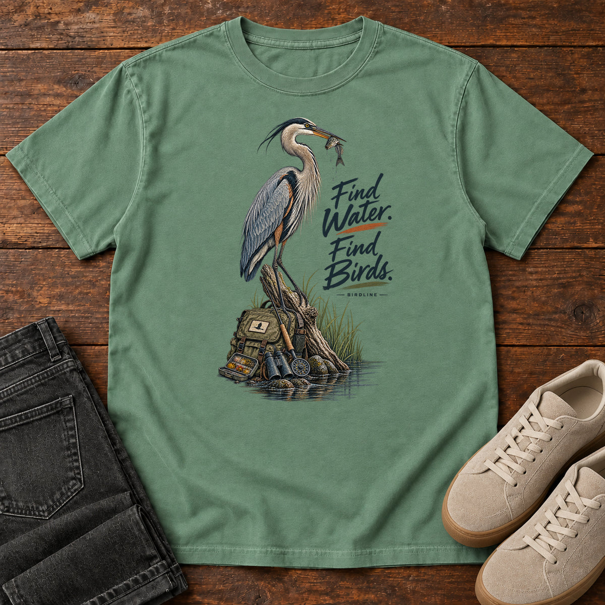 Find Where the Heron Backpack T-Shirt in Light Green