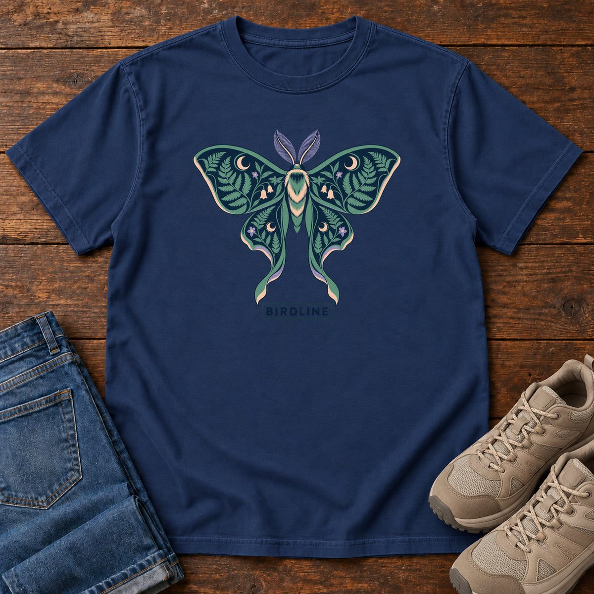 Botanical Moth T-Shirt in True Navy, front laid flat on wood, featuring a teal moth with patterned wings, leaves and crescent moons.