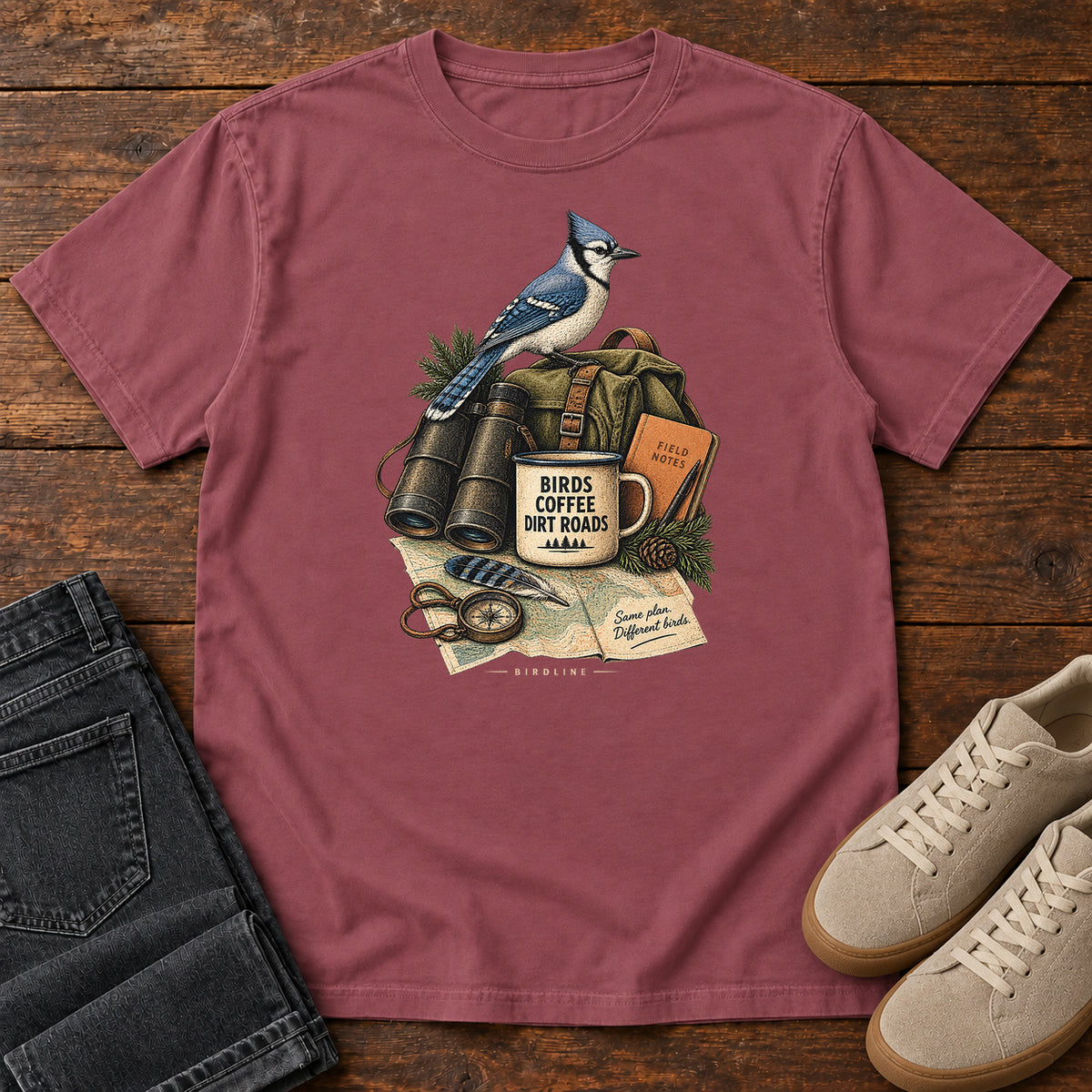Birds Coffee Dirt Roads Bluejay Field Kit T-Shirt in Brick