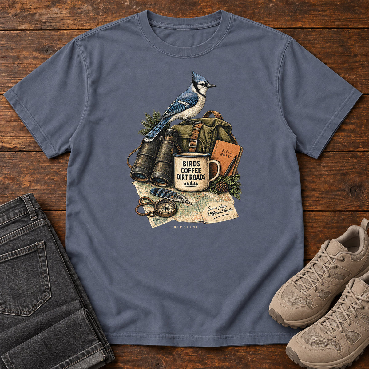 Birds Coffee Dirt Roads Bluejay Field Kit T-Shirt in Denim