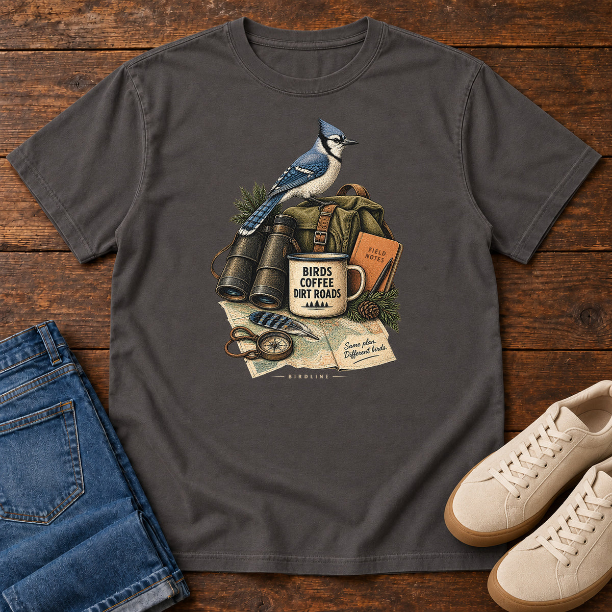 Birds Coffee Dirt Roads Bluejay Field Kit T-Shirt in Graphite