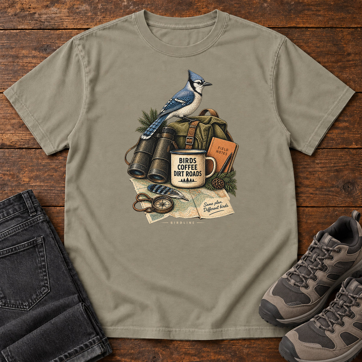 Birds Coffee Dirt Roads Bluejay Field Kit T-Shirt in Sandstone