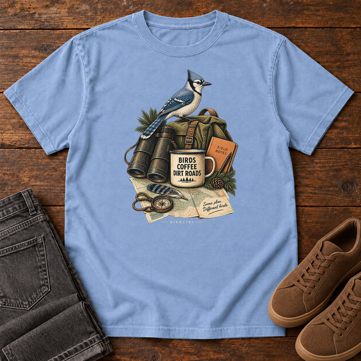 Birds Coffee Dirt Roads Bluejay Field Kit T-Shirt in Washed Denim