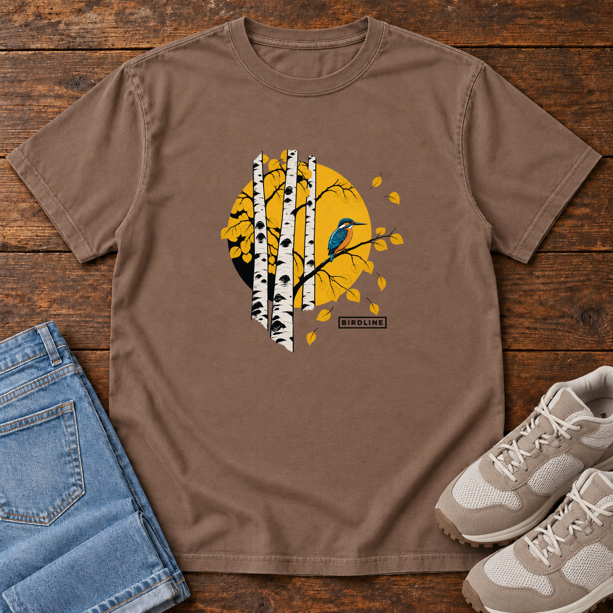 Espresso Aspens Kingfisher T-Shirt with a blue bird perched among white tree trunks against a golden circle, front flat lay on wood.