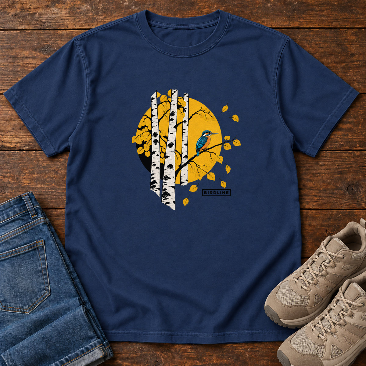 True Navy Aspens Kingfisher T-Shirt with a blue bird perched among white tree trunks against a golden circle, front flat lay on wood.