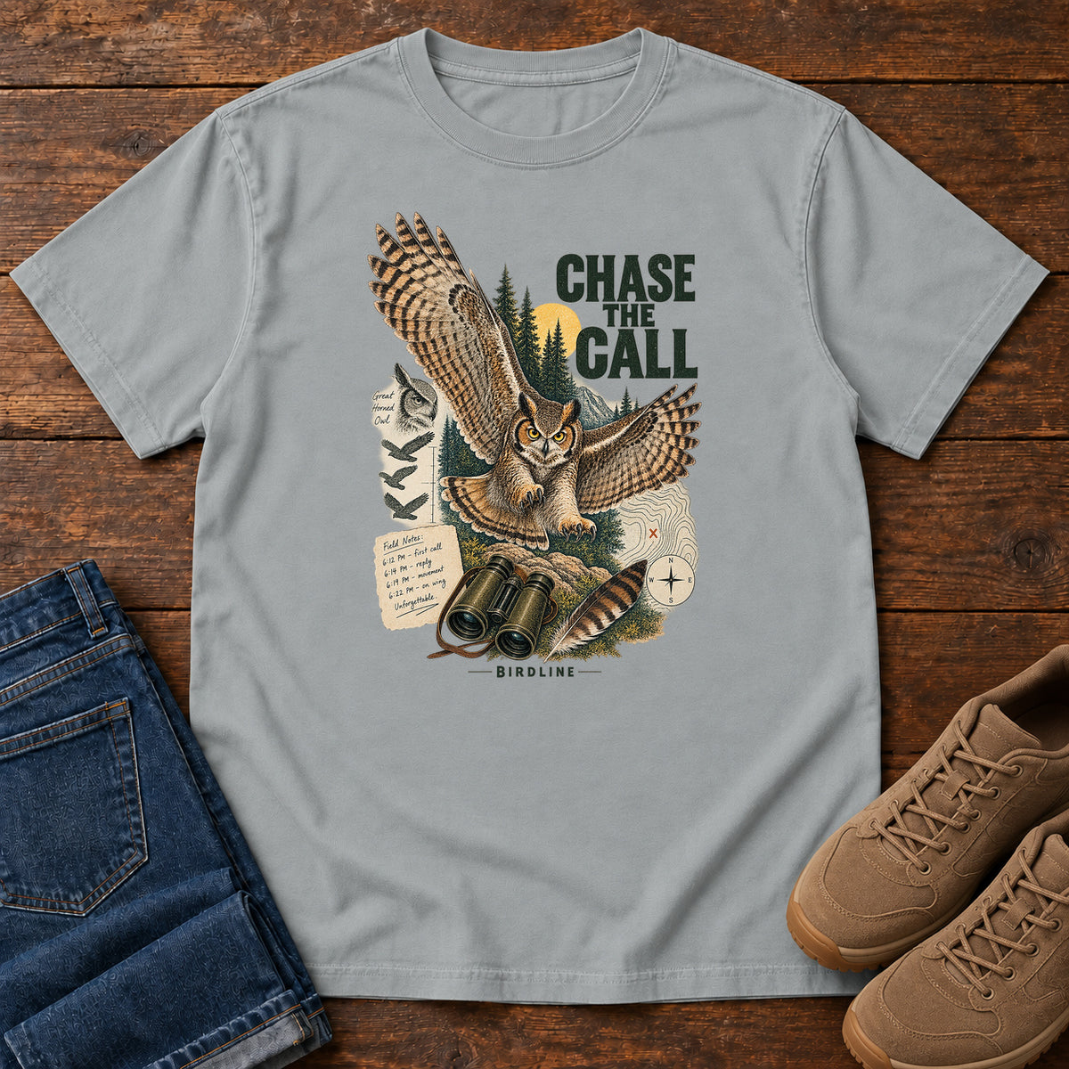 Chase the Call Owl T-Shirt in Granite