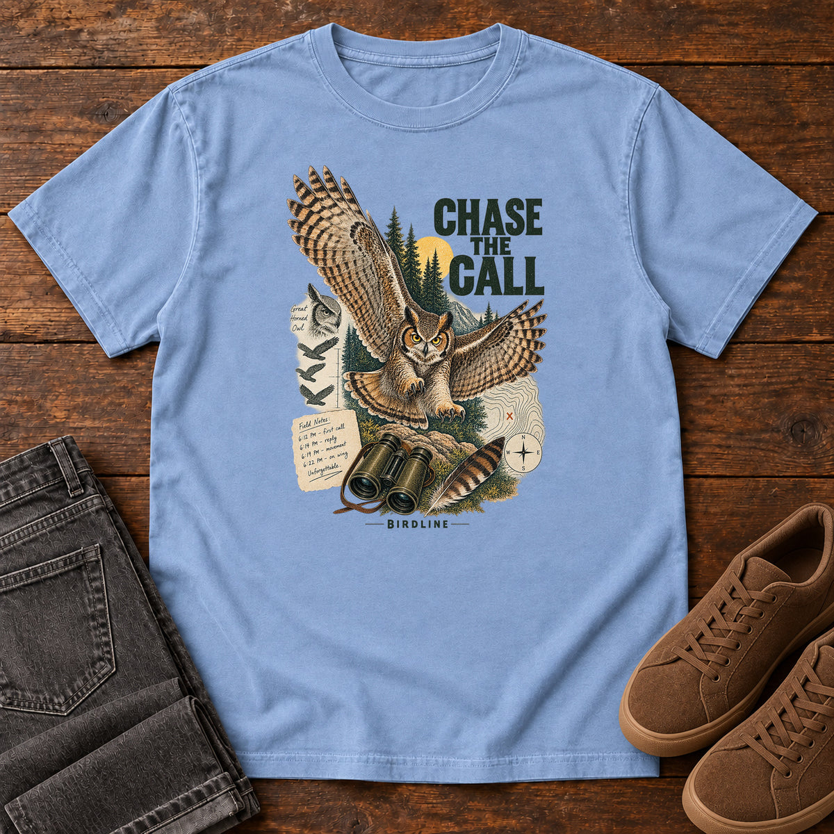 Chase the Call Owl T-Shirt in Washed Denim