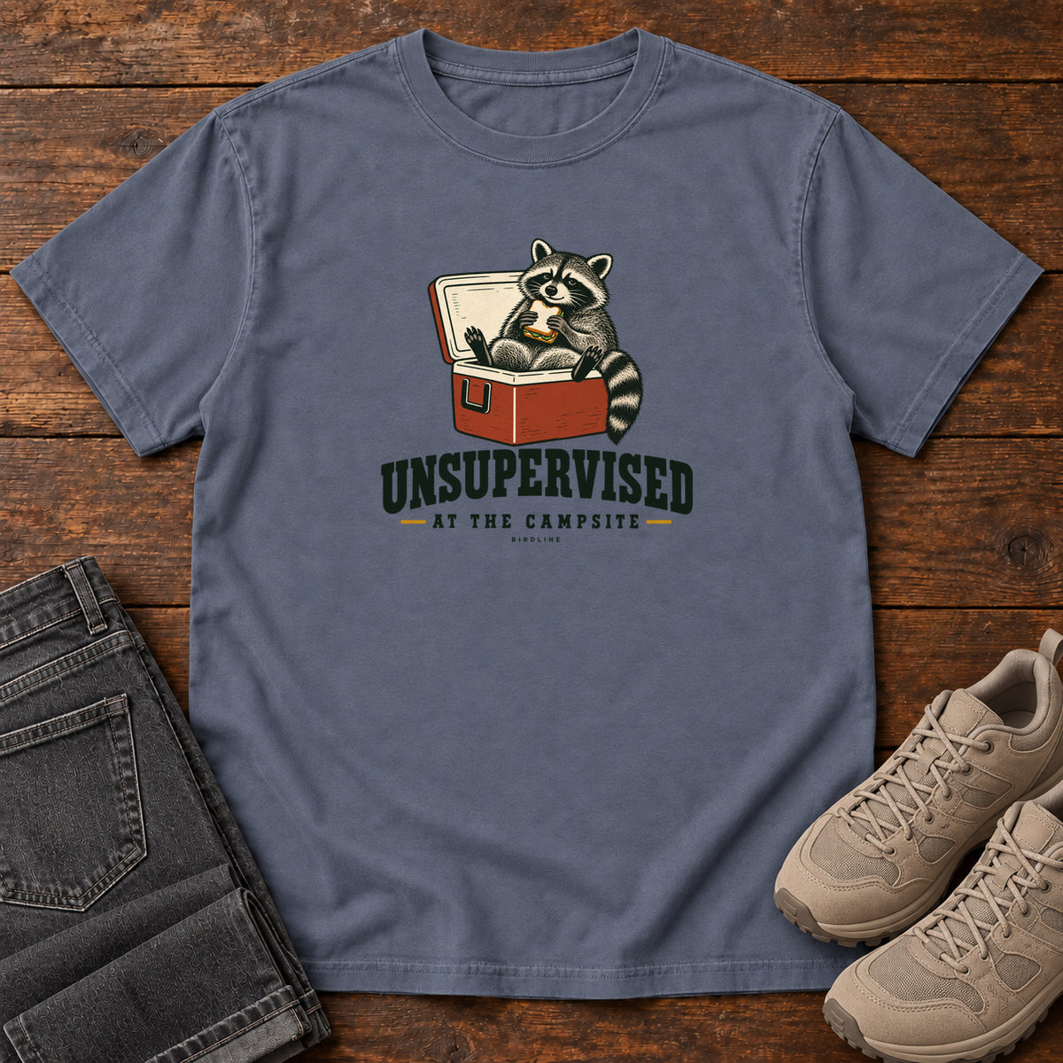 Denim Unsupervised at the Campsite T-Shirt with a raccoon eating a sandwich while sitting in an open red cooler; front flat lay on wood.