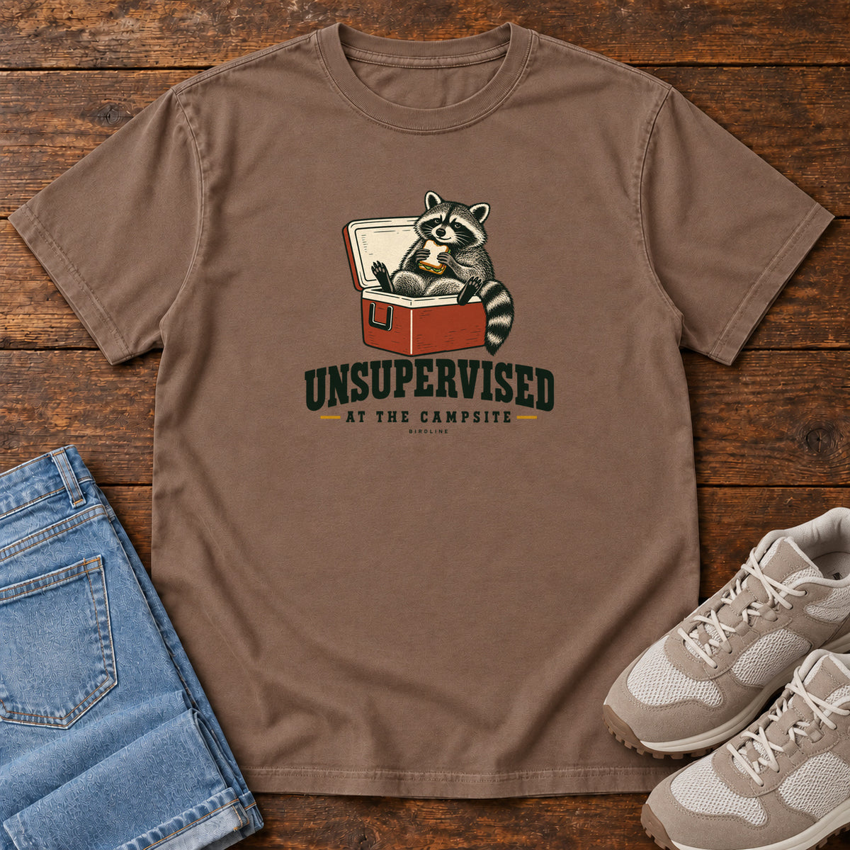 Espresso Unsupervised at the Campsite T-Shirt with a raccoon eating a sandwich while sitting in an open red cooler; front flat lay on wood.
