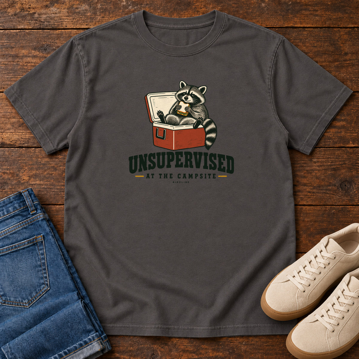 Graphite Unsupervised at the Campsite T-Shirt with a raccoon eating a sandwich while sitting in an open red cooler; front flat lay on wood.