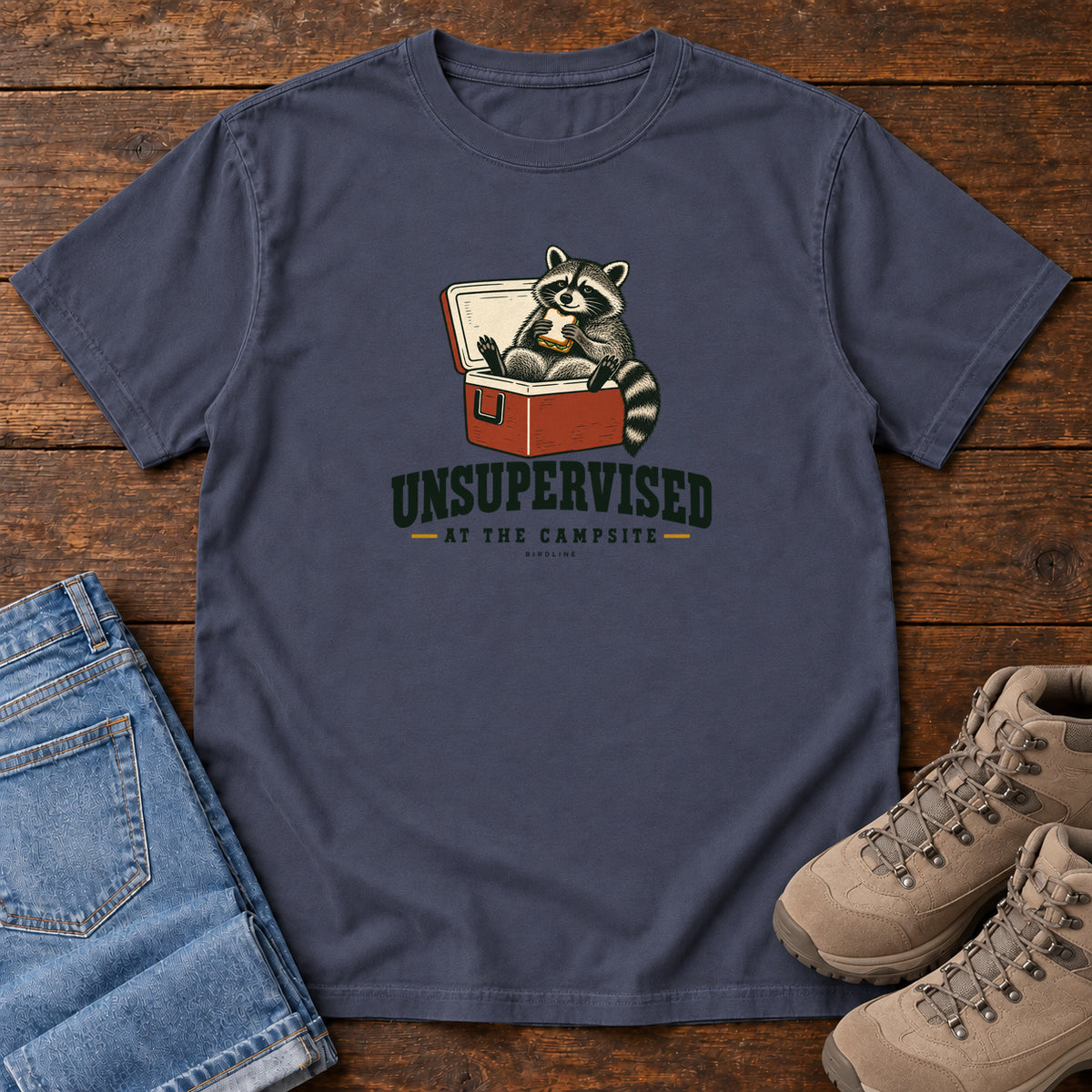 Navy Unsupervised at the Campsite T-Shirt with a raccoon eating a sandwich while sitting in an open red cooler; front flat lay on wood.