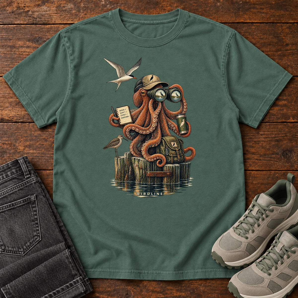 Octopus Birdwatcher Pier T-Shirt in Blue Spruce