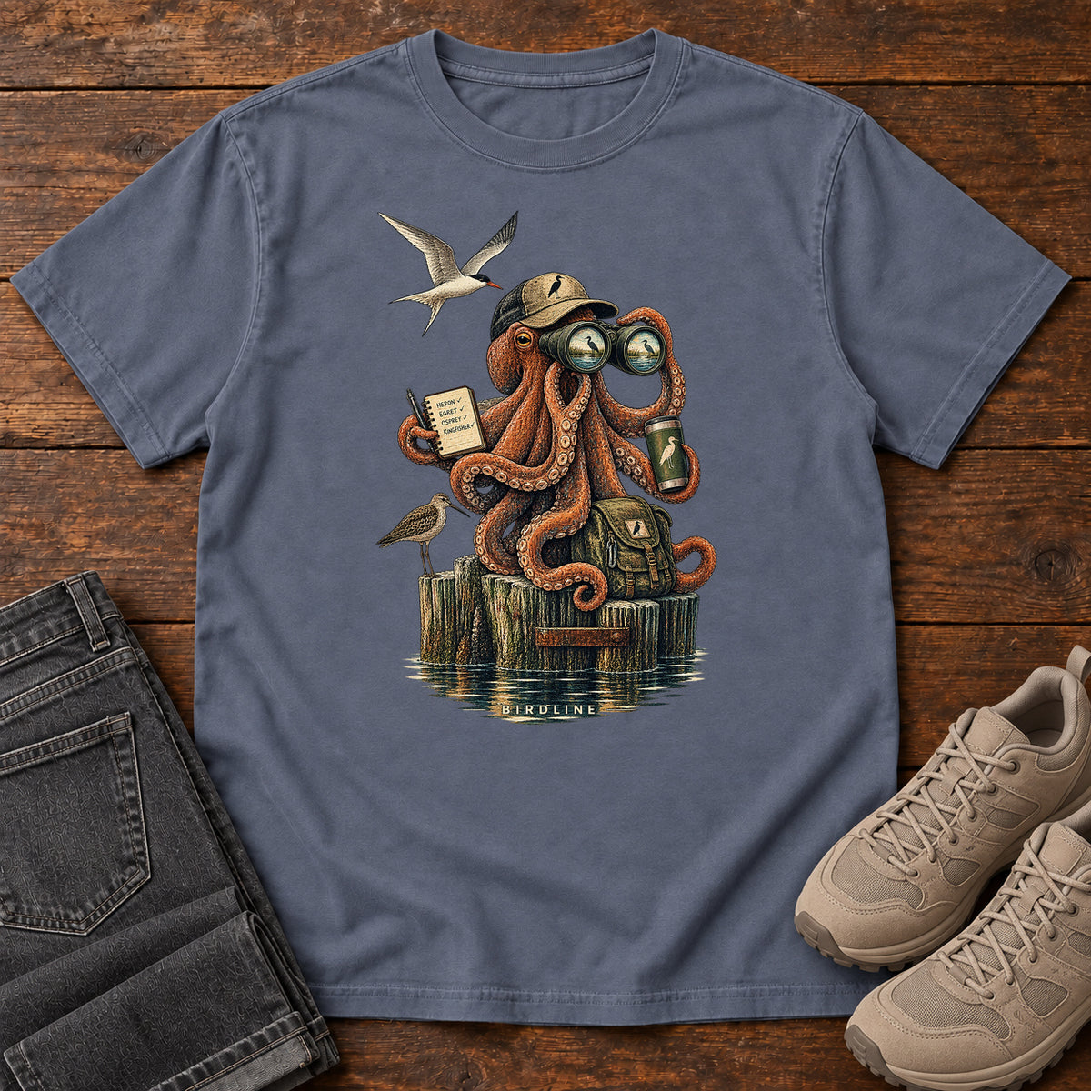 Octopus Birdwatcher Pier T-Shirt in Denim