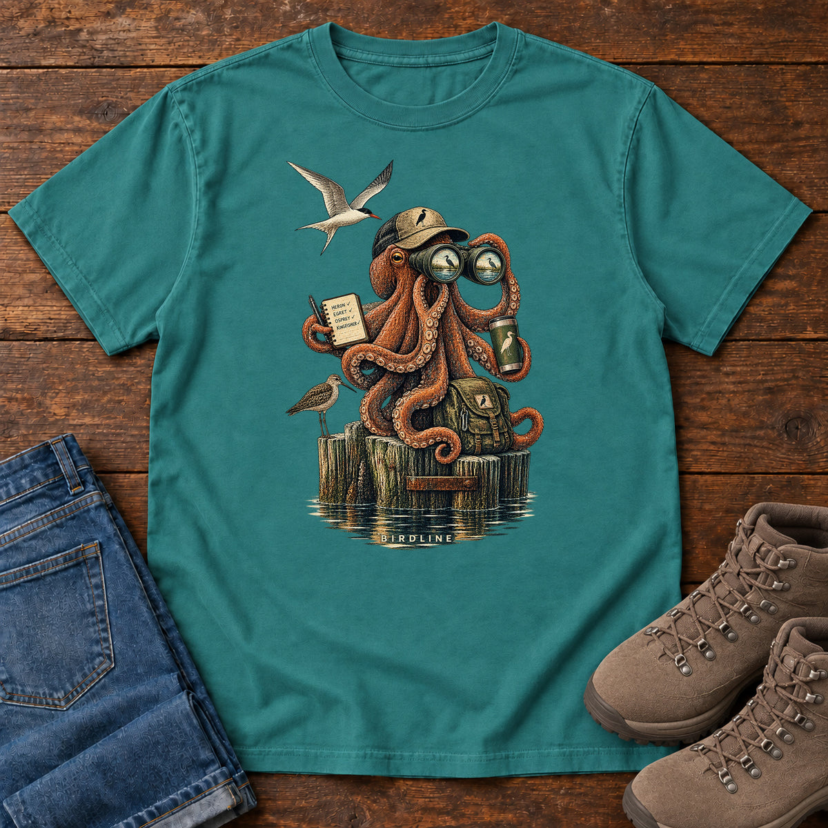 Octopus Birdwatcher Pier T-Shirt in Emerald