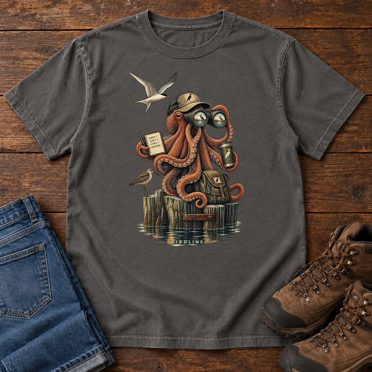 Octopus Birdwatcher Pier T-Shirt in Pepper