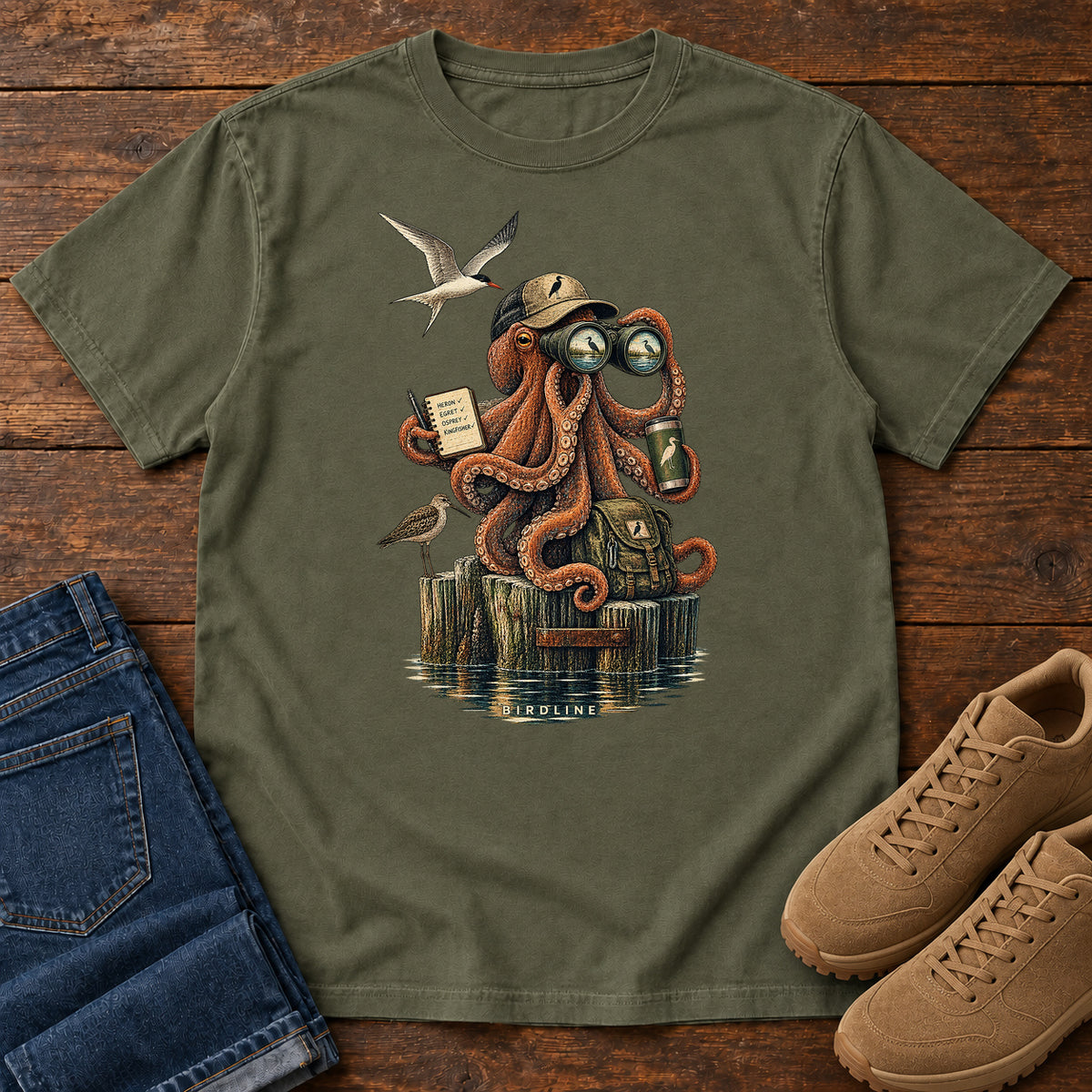 Octopus Birdwatcher Pier T-Shirt in Sage