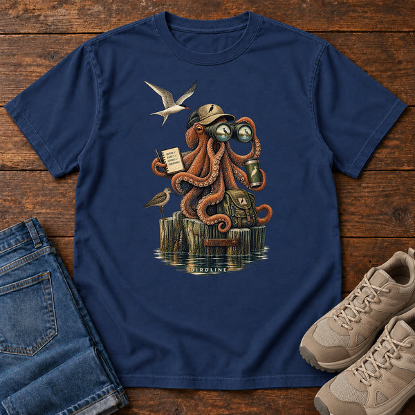 Octopus Birdwatcher Pier T-Shirt in True Navy, front view