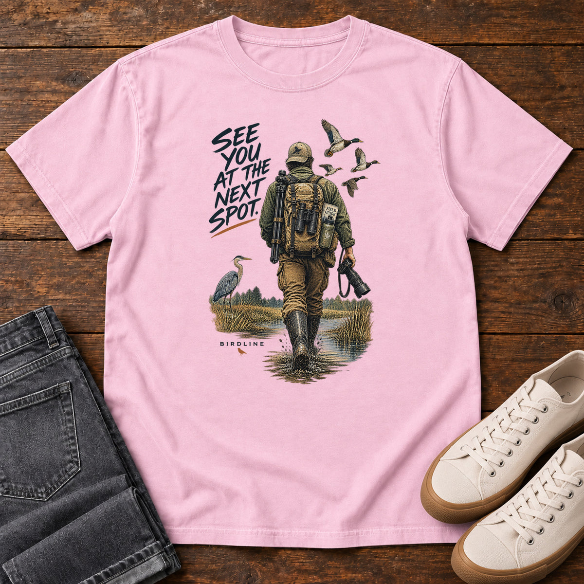 See You at the Next Spot Birdwatcher T-Shirt in Blossom