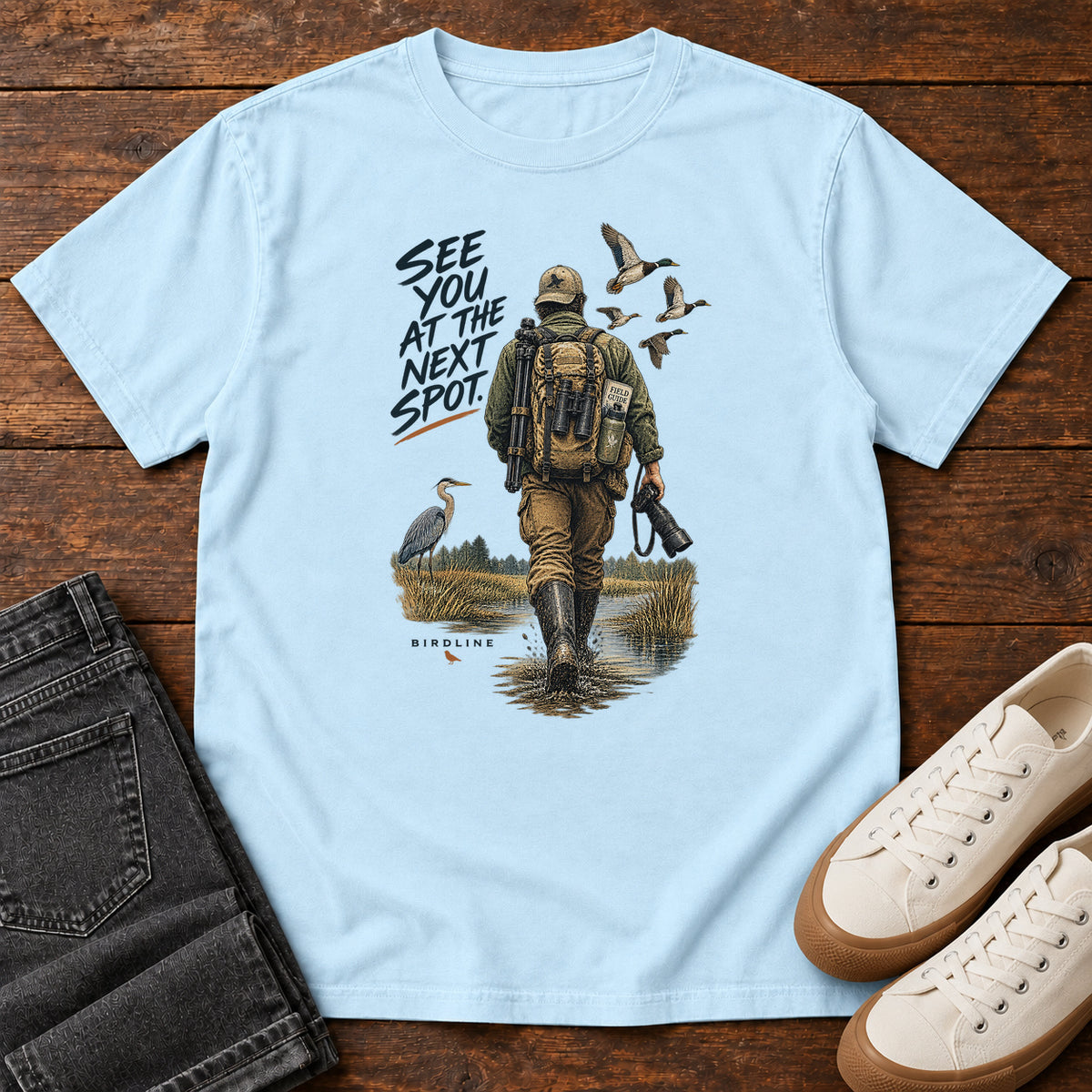 See You at the Next Spot Birdwatcher T-Shirt in Chambray
