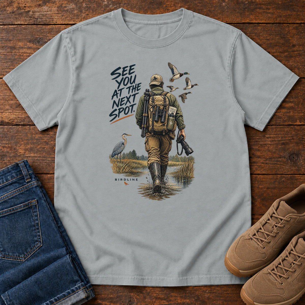 See You at the Next Spot Birdwatcher T-Shirt in Granite
