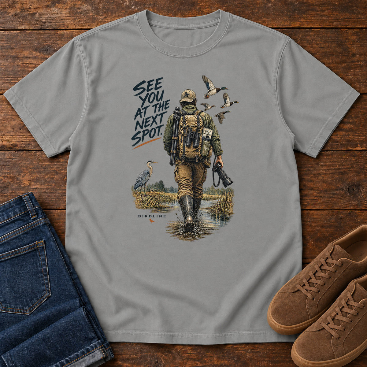 See You at the Next Spot Birdwatcher T-Shirt in Grey