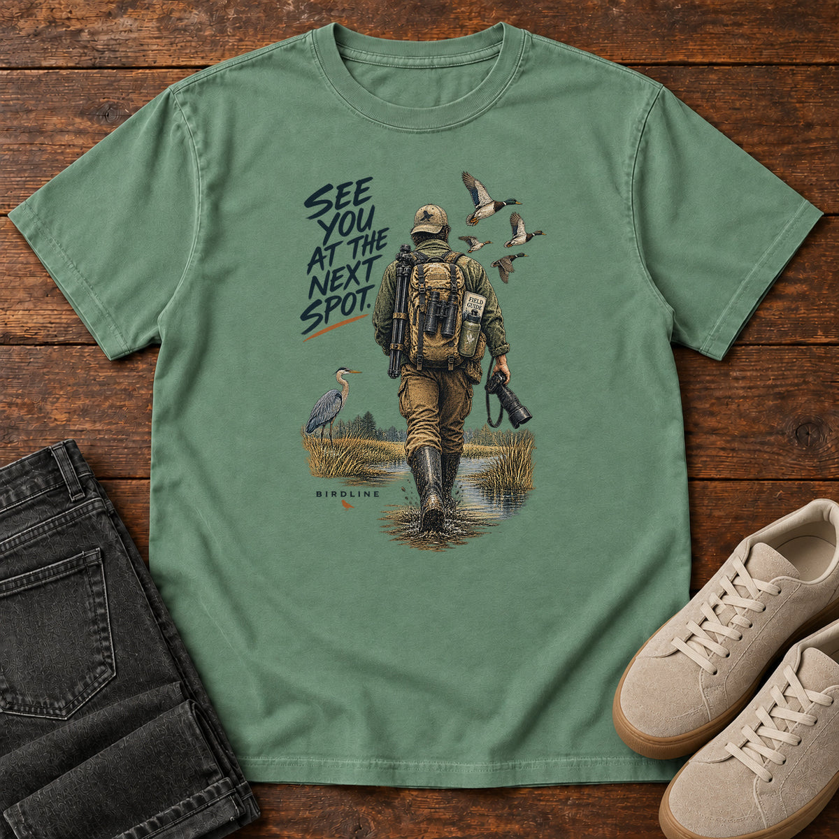 See You at the Next Spot Birdwatcher T-Shirt in Light Green