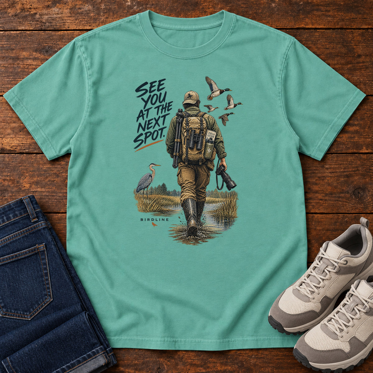 See You at the Next Spot Birdwatcher T-Shirt in Seafoam