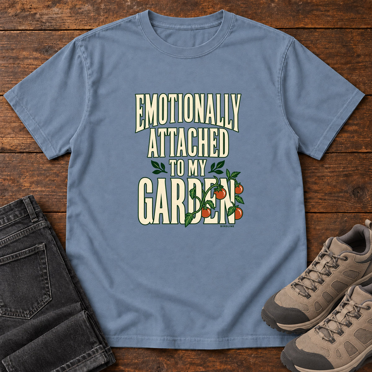 Blue Jean Emotionally Attached to My Garden T-Shirt with cream lettering intertwined with a leafy vine and orange fruit, front flat lay on wood.