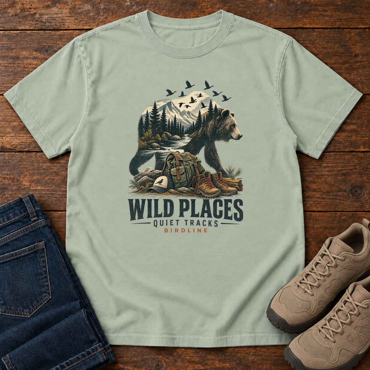 Wild Places Quiet Tracks Bear T-Shirt in Bay