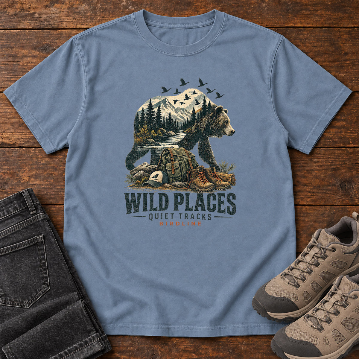Wild Places Quiet Tracks Bear T-Shirt in Blue Jean