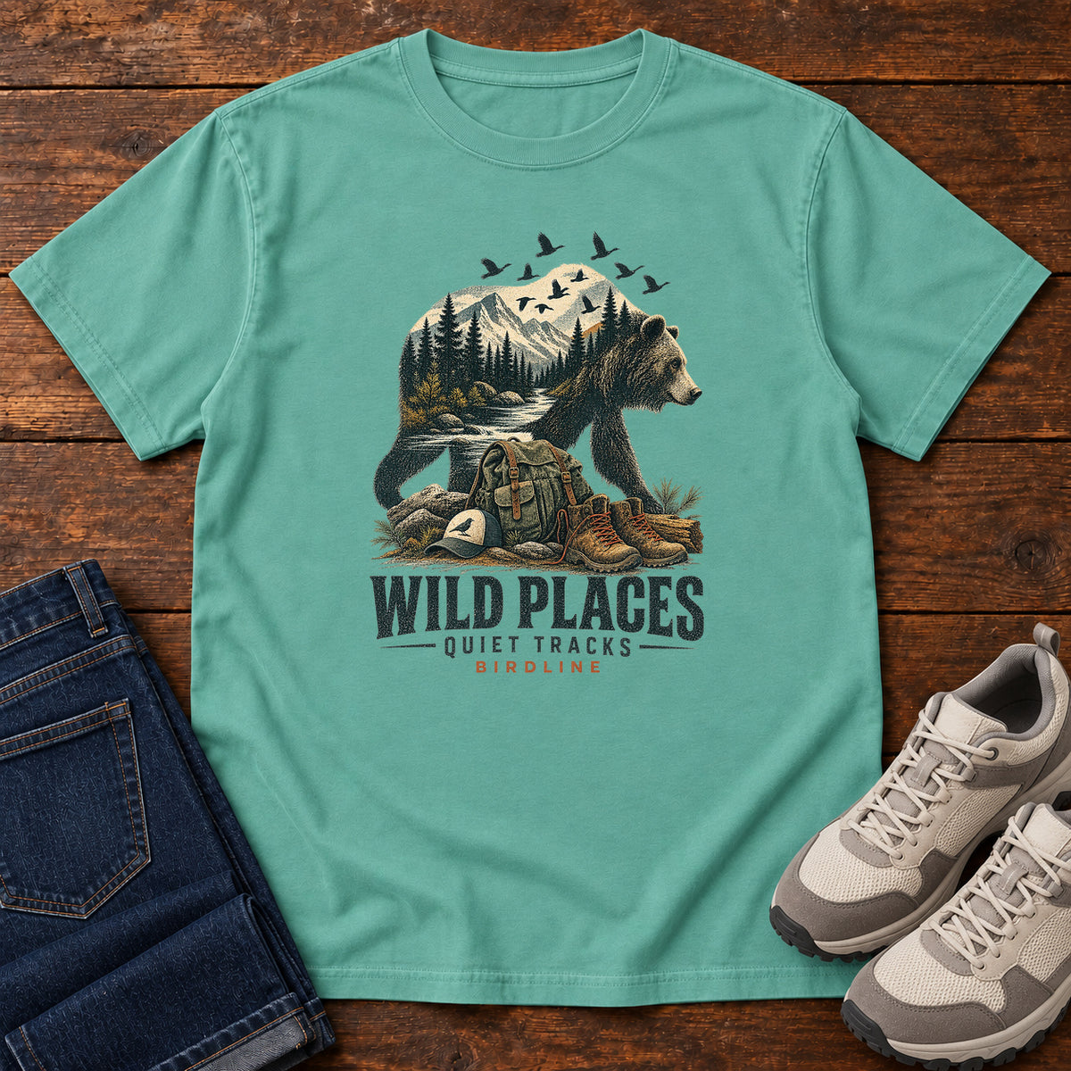 Wild Places Quiet Tracks Bear T-Shirt in Seafoam