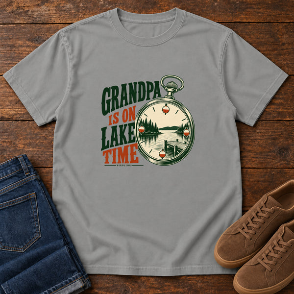 Grandpa Is on Lake Time T-Shirt in Grey, front view