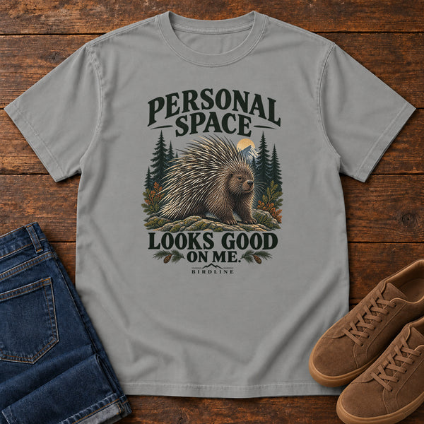 Personal Space Looks Good on Me Porcupine T-Shirt in Grey, front view