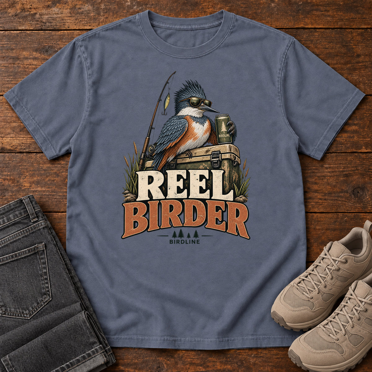 Denim Reel Birder T-Shirt with a crested bird in sunglasses holding a mug beside a fishing rod and tackle box; front flat lay on wood.