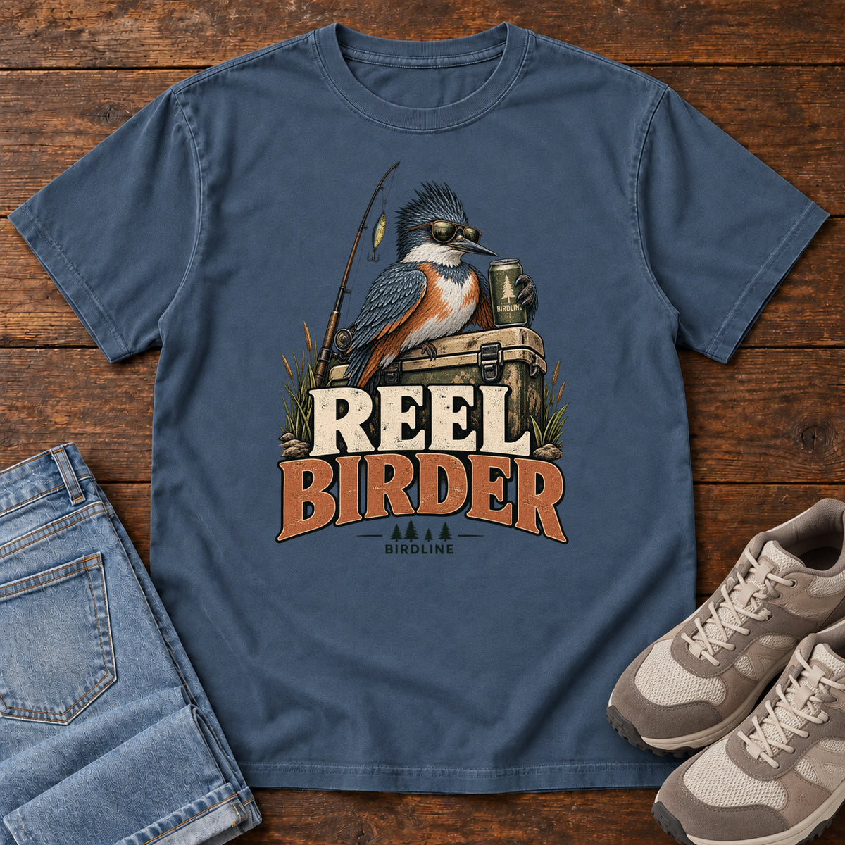 Midnight Reel Birder T-Shirt with a crested bird in sunglasses holding a mug beside a fishing rod and tackle box; front flat lay on wood.