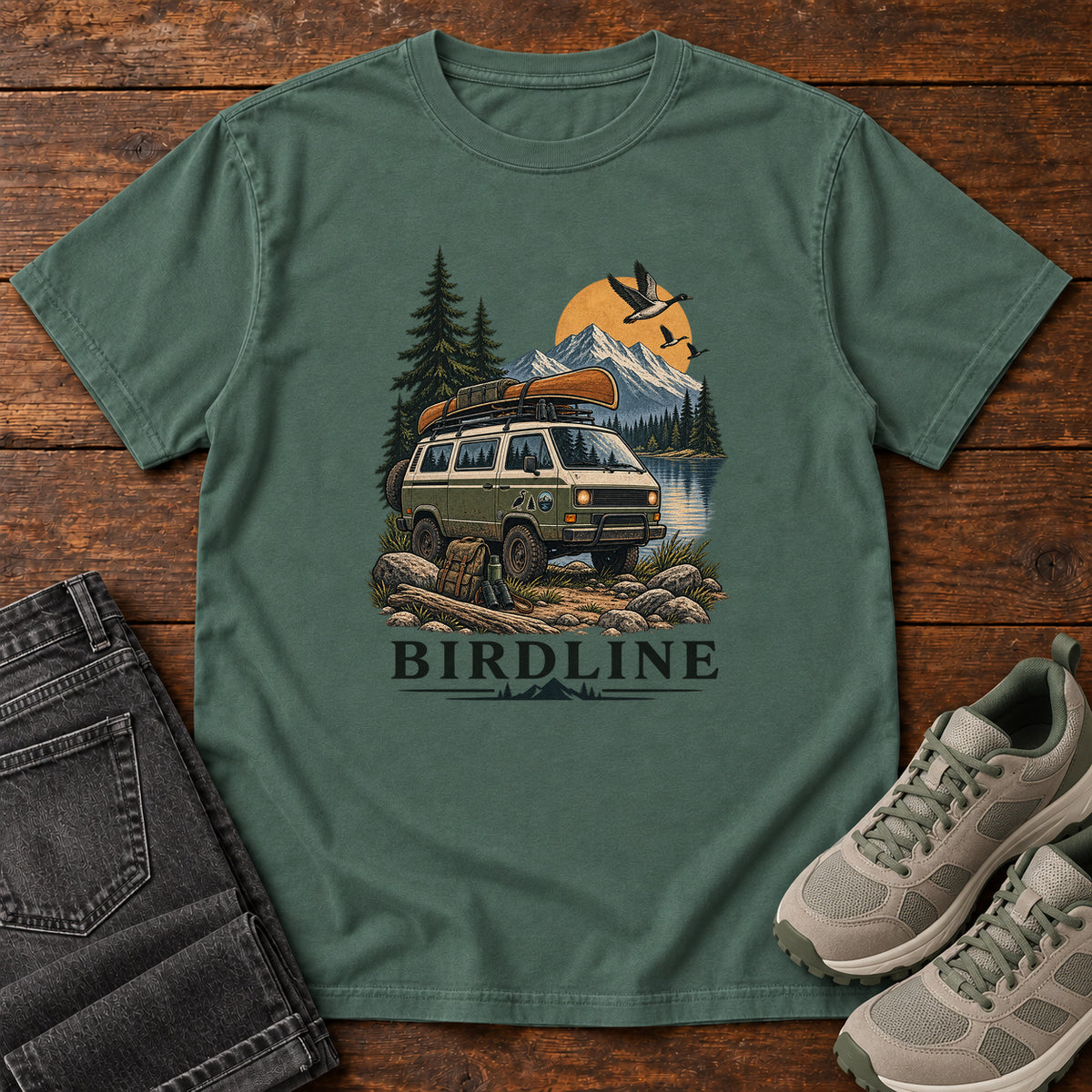 Birdline Camping Van T-Shirt in Blue Spruce