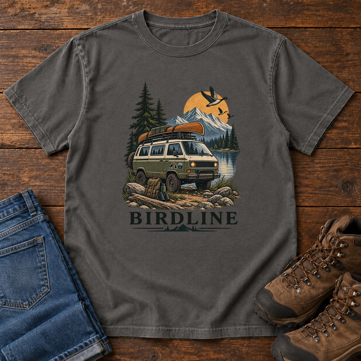 Birdline Camping Van T-Shirt in Pepper