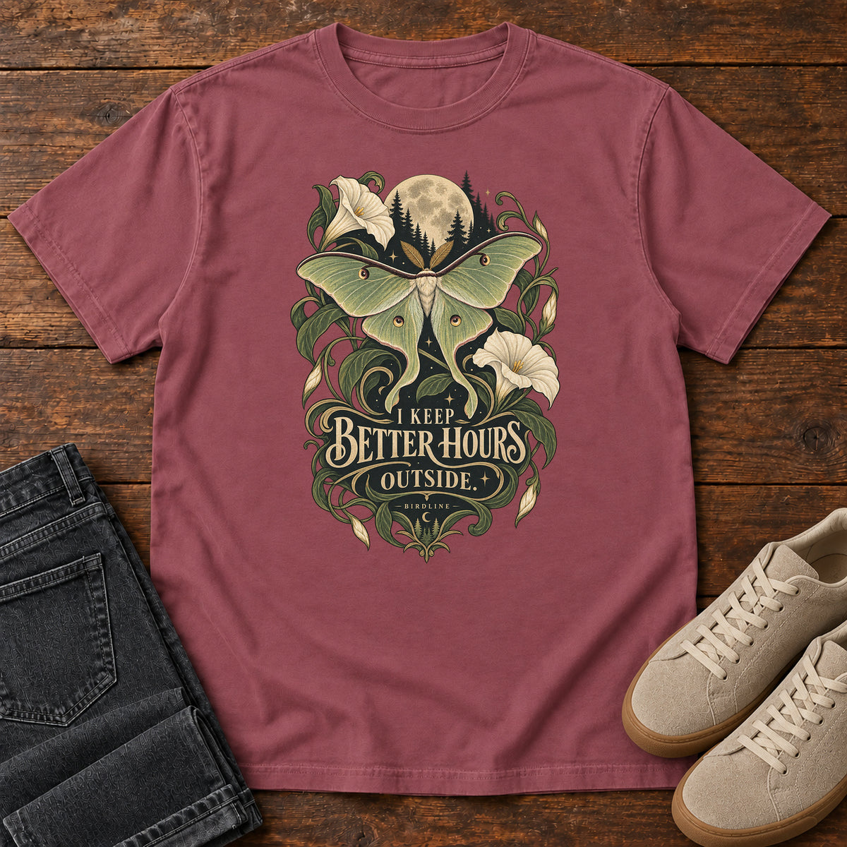I Keep Better Hours Outside Moth T-Shirt in Brick