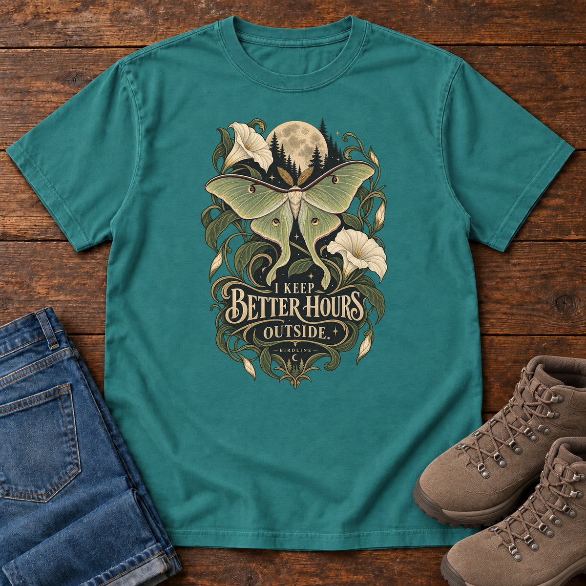 I Keep Better Hours Outside Moth T-Shirt in Emerald