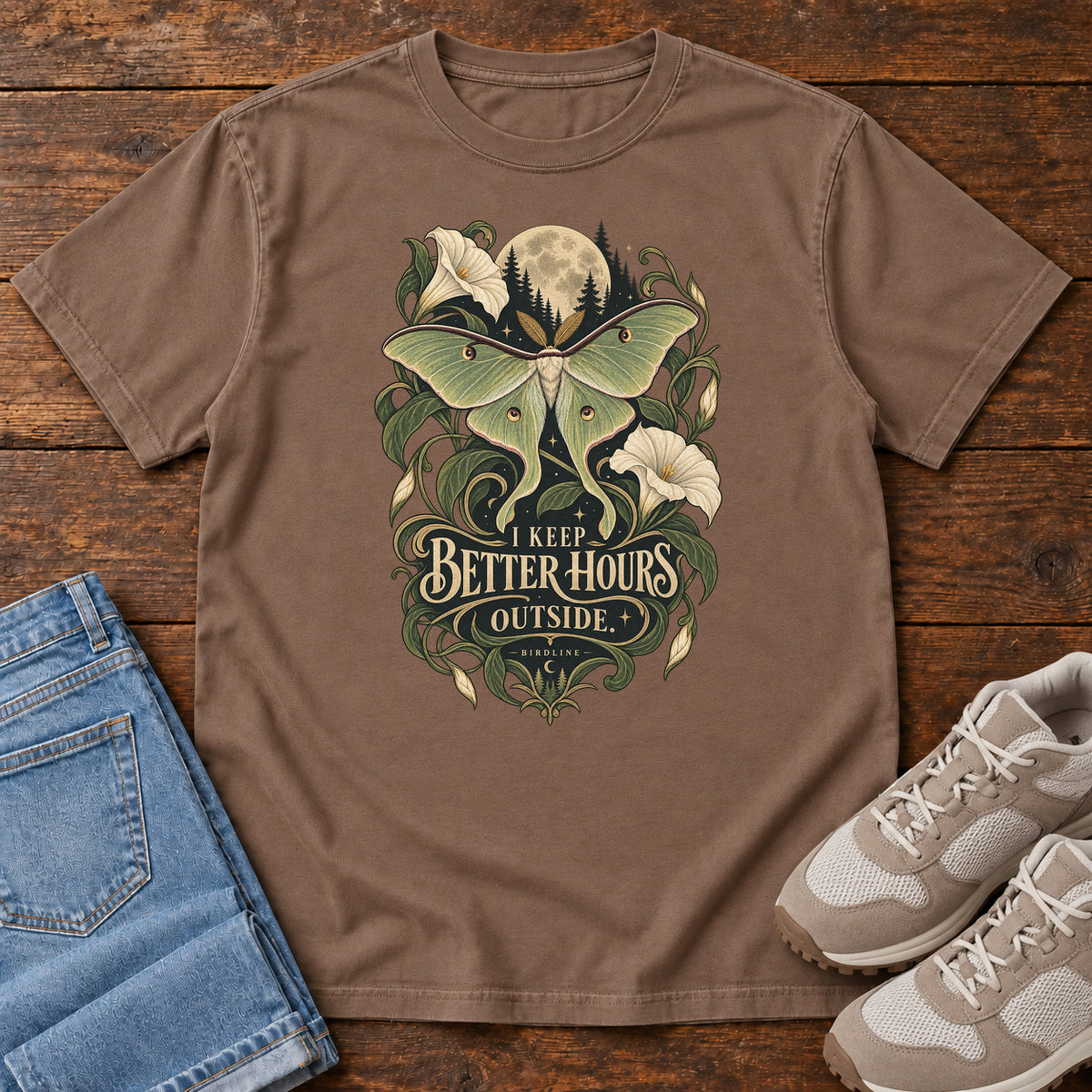 I Keep Better Hours Outside Moth T-Shirt in Espresso
