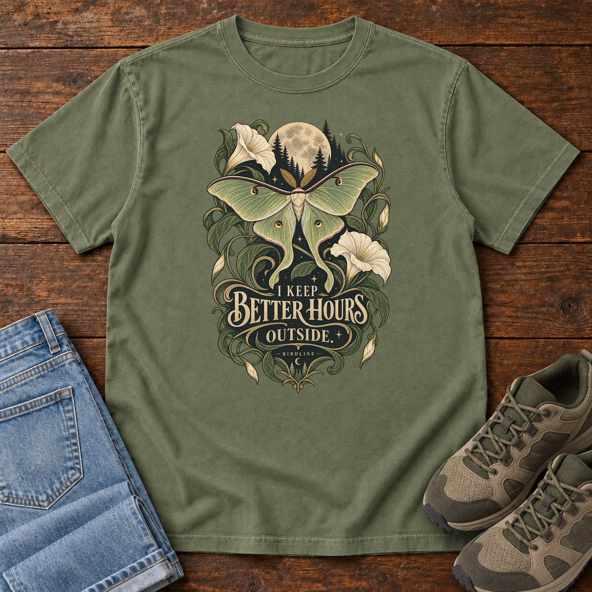 I Keep Better Hours Outside Moth T-Shirt in Moss