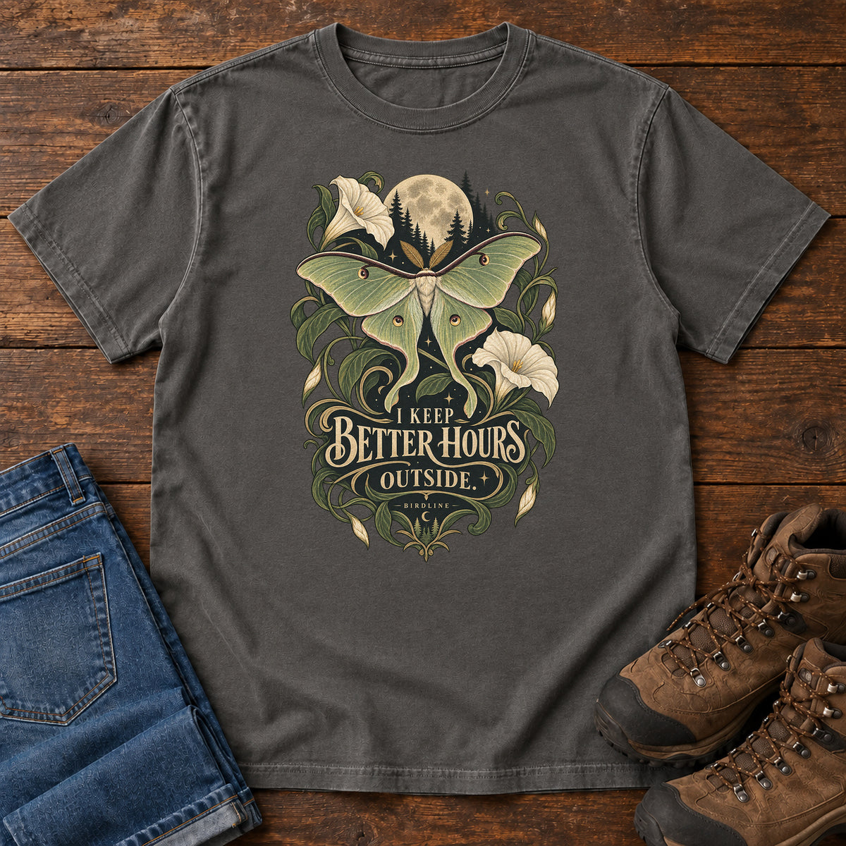 I Keep Better Hours Outside Moth T-Shirt in Pepper