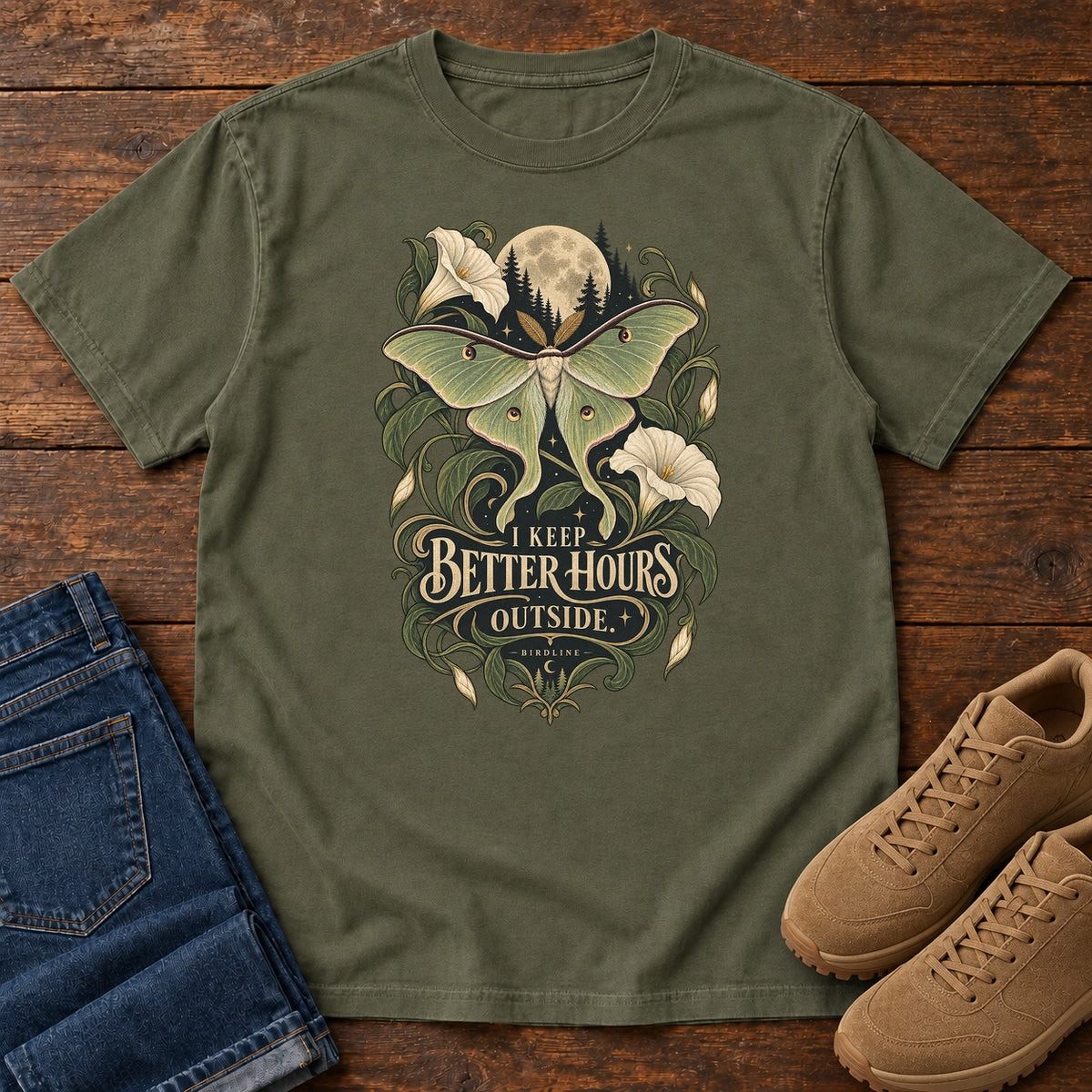 I Keep Better Hours Outside Moth T-Shirt in Sage