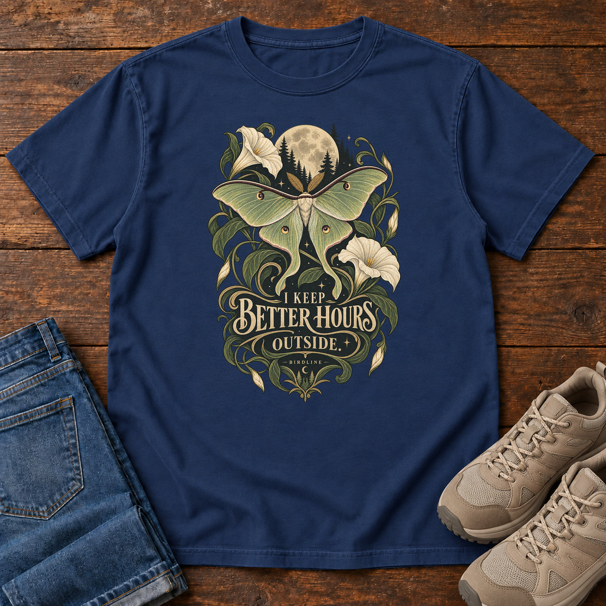 I Keep Better Hours Outside Moth T-Shirt in True Navy