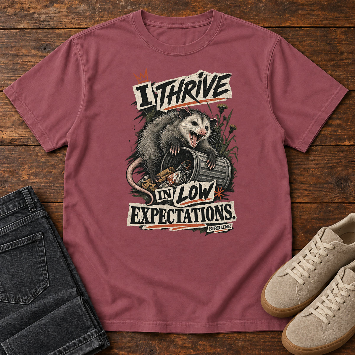 I Thrive in Low Expectations Opossum T-Shirt in Brick