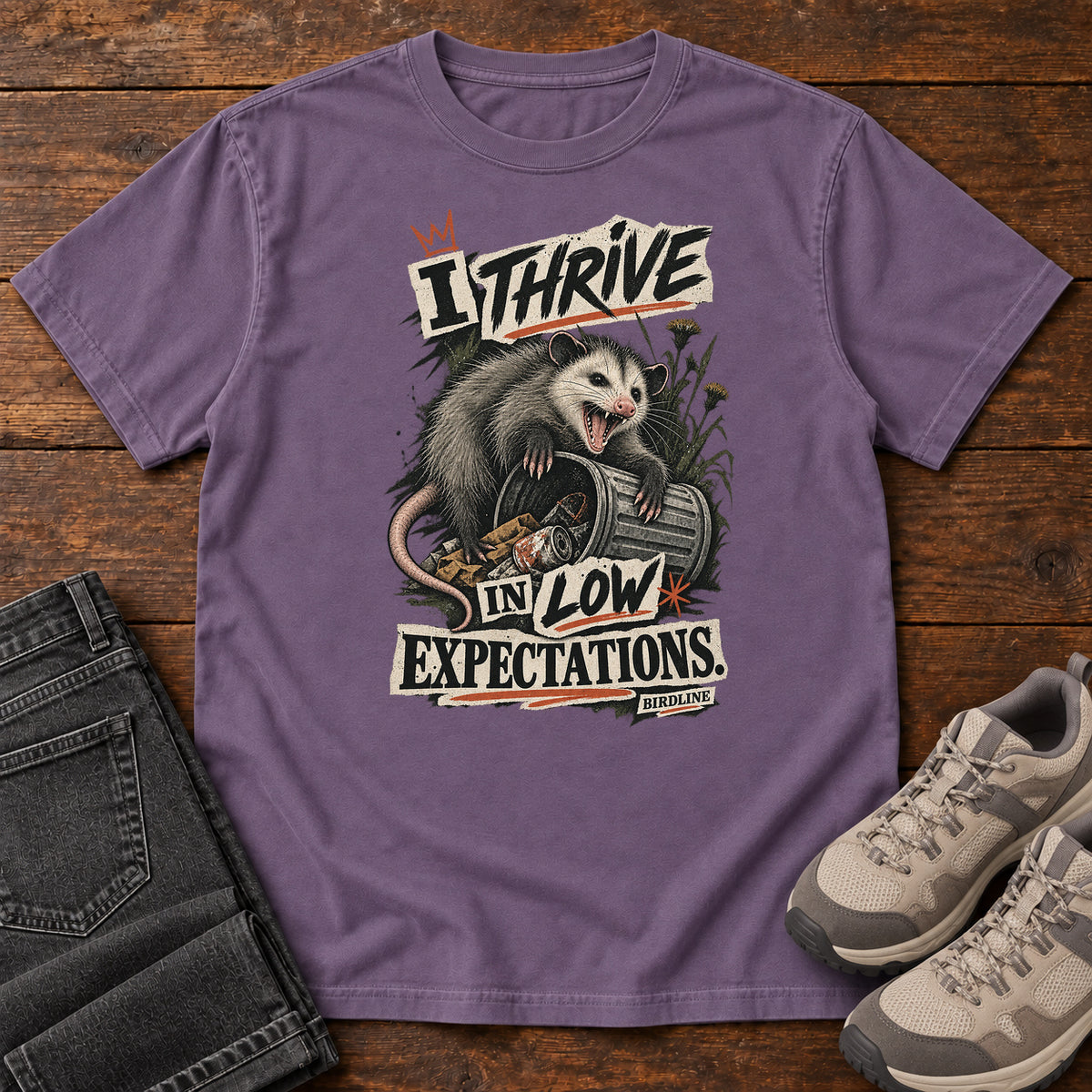 I Thrive in Low Expectations Opossum T-Shirt in Grape