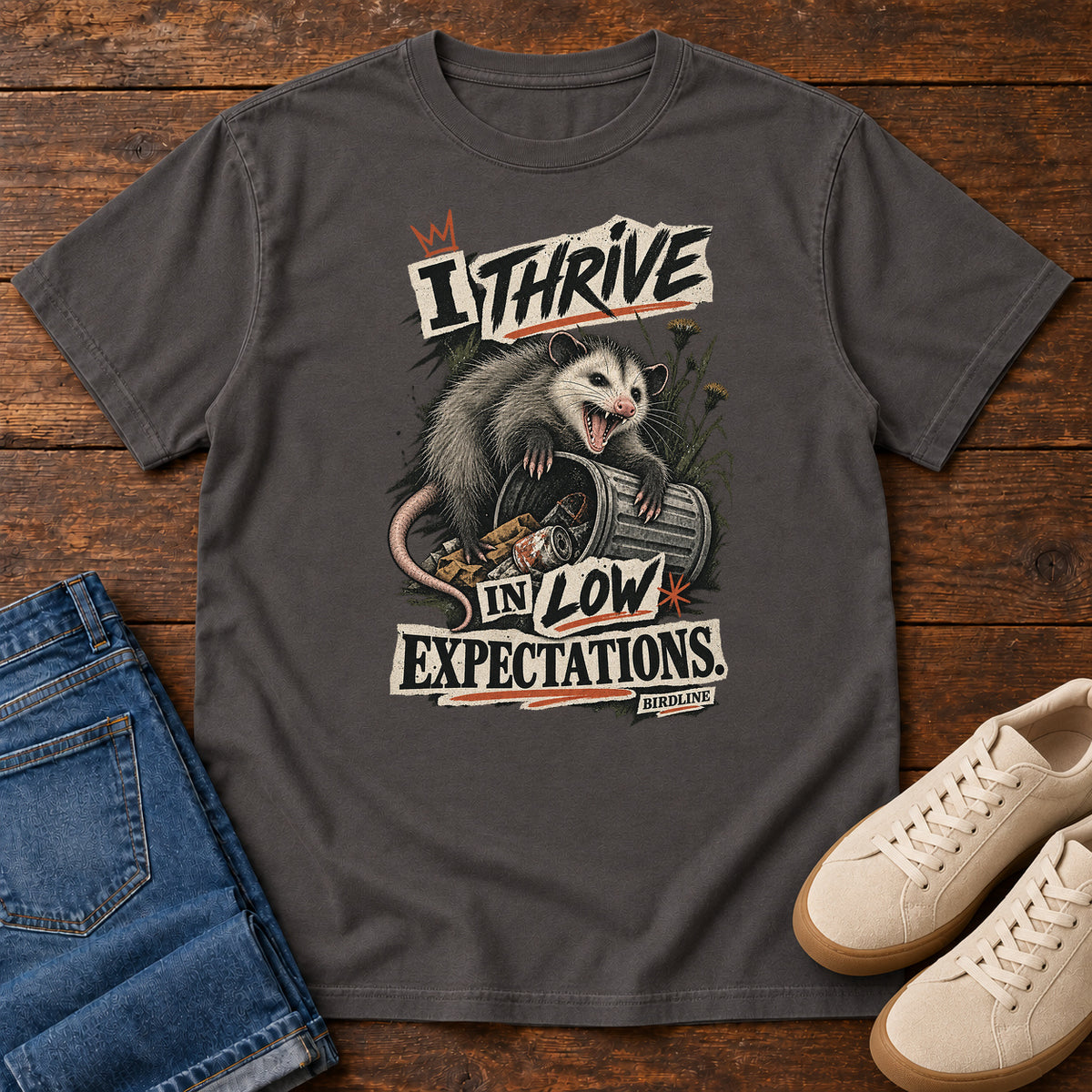 I Thrive in Low Expectations Opossum T-Shirt in Graphite