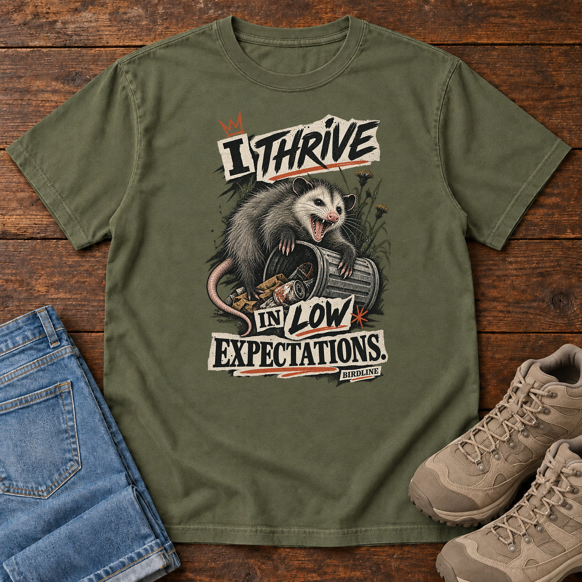 I Thrive in Low Expectations Opossum T-Shirt in Hemp