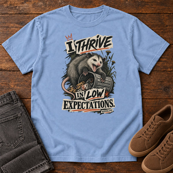 I Thrive in Low Expectations Opossum T-Shirt in Washed Denim, front view