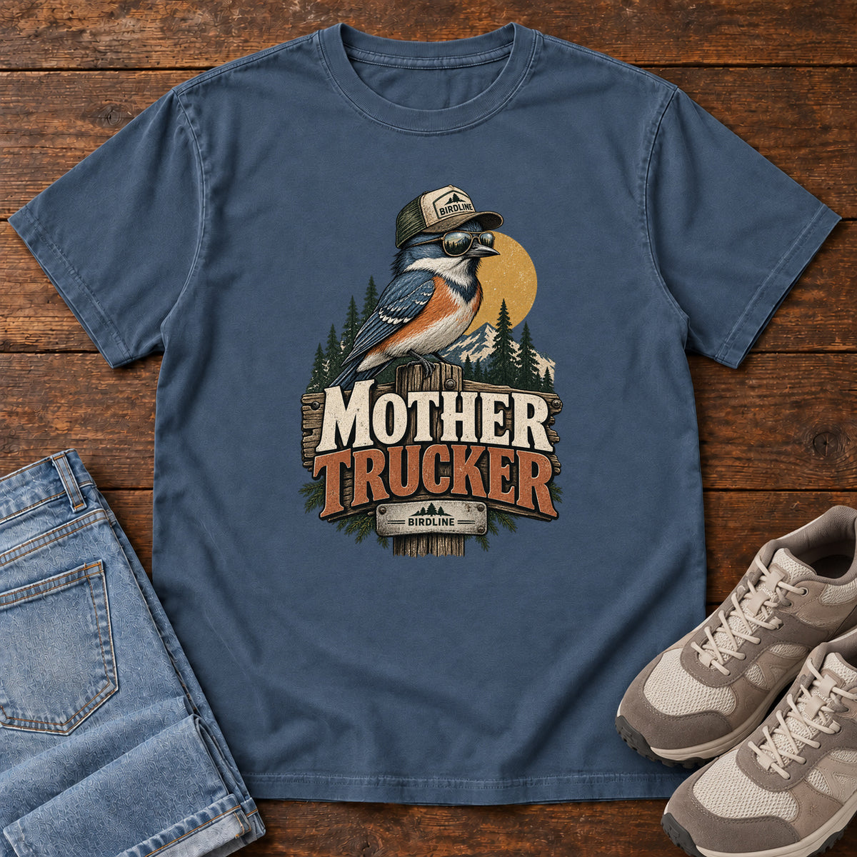 Midnight Mother Trucker T-Shirt with a blue-and-orange bird wearing a cap and sunglasses above mountains and pines; front flat lay on wood.